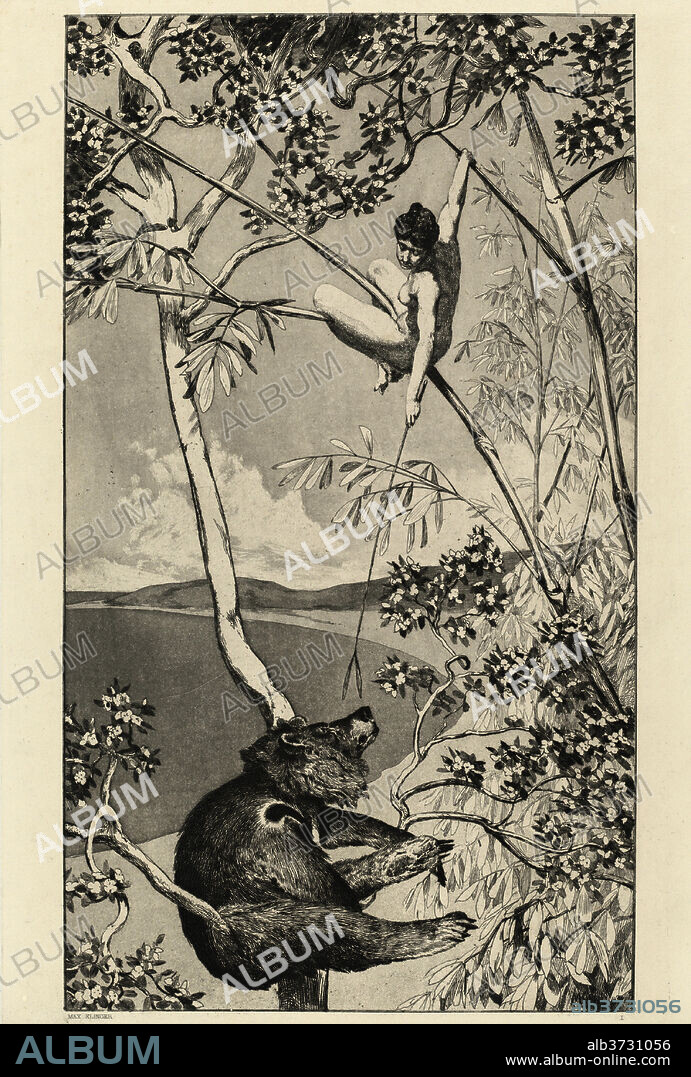 MAX KLINGER. Bear and Elf (Bär und Elfe): pl.1. Dated: published 1881. Dimensions: image: 39.3 x 22.5 cm (15 1/2 x 8 7/8 in.)  plate: 41.7 x 28.2 cm (16 7/16 x 11 1/8 in.)  sheet: 62.3 x 45 cm (24 1/2 x 17 11/16 in.). Medium: etching and aquatint.