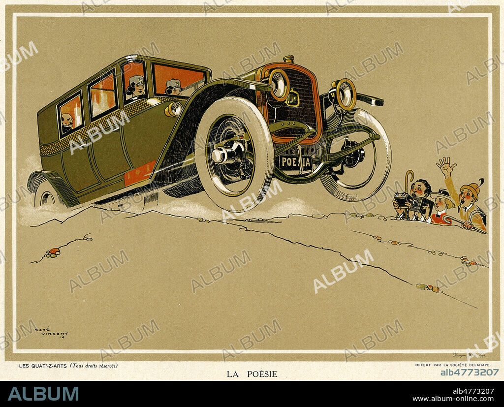 'Les Quat'-z-arts : la poesie'. Publicite pour les voitures DELAHAYE illustree par Rene VINCENT (1862-1936), vers 1912. Credit : Collection KHARBINE-TAPABOR.