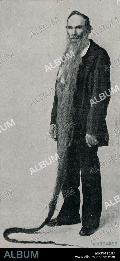'The Longest Beard on Record', 1896, (1910). Valentine Tapley now holds fifth place for the World's Longest Beard. The Pike County farmer and loyal Democrat vowed not to trim his beard again if Abraham Lincoln was chosen as president in 1860. From The Strand Magazine. [George Newnes Ltd., London, 1910].