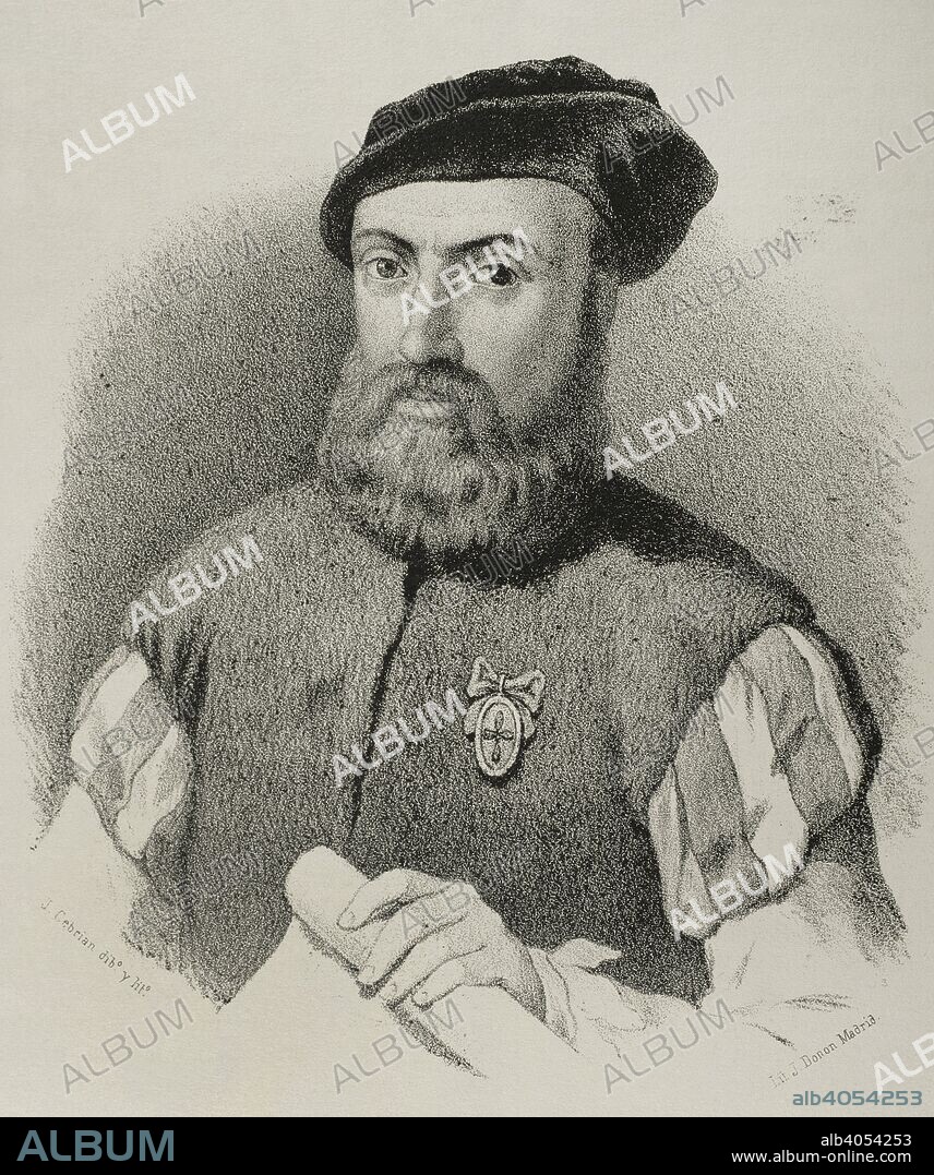 Fernando de Magallanes (1480-1521). Militar, explorador, marino y navegante portugués de linaje noble. Nombrado por la Monarquía Hispánica adelantado y capitán general de la Armada para el descubrimiento de la especería. Dibujo por J. Cebrián. Retrato. Litografía. Crónica General de España, Historia Ilustrada y Descriptiva de sus Provincias. Andalucía, 1867. Biblioteca Histórico Militar de Barcelona, Cataluña, España.