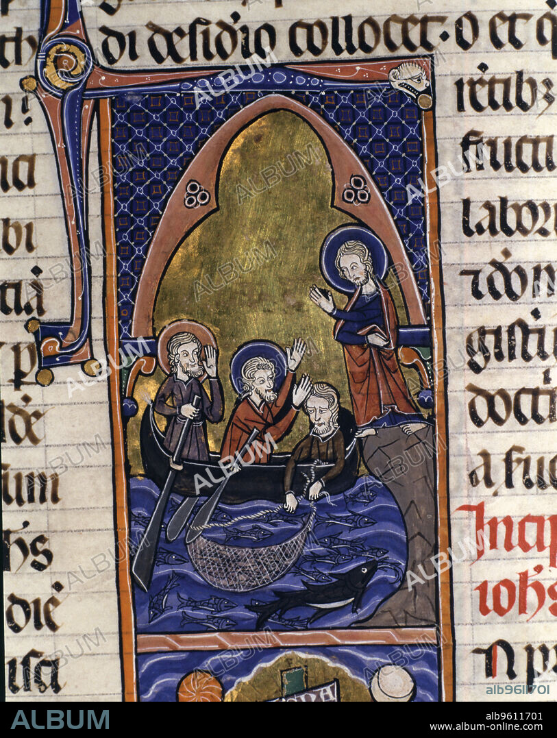 The miraculous catch, miniature in the 'Sacred Bible, volume IV. New Testament'. Manuscript on parchment made??, probably, in Sant Sadurní on the Roine (France) and completed in 1268.