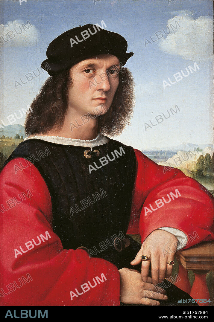Portrait of Agnolo Doni, by Raffaello Sanzio, 1505, 16th Century, oil on panel, cm 63 x 45. Italy, Tuscany, Florence, Palazzo Pitti, Palatine Gallery. All. Male portrait bust young man Agnolo Doni suit red black cap rings. Authorization required for non editorial use.