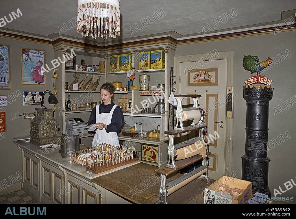Re-enactment of an historical shop at the Norsk Folkemuseum (Norwegian Museum of Cultural History), BygdÃ¸y, Oslo, Norway, Scandinavia, Europe.