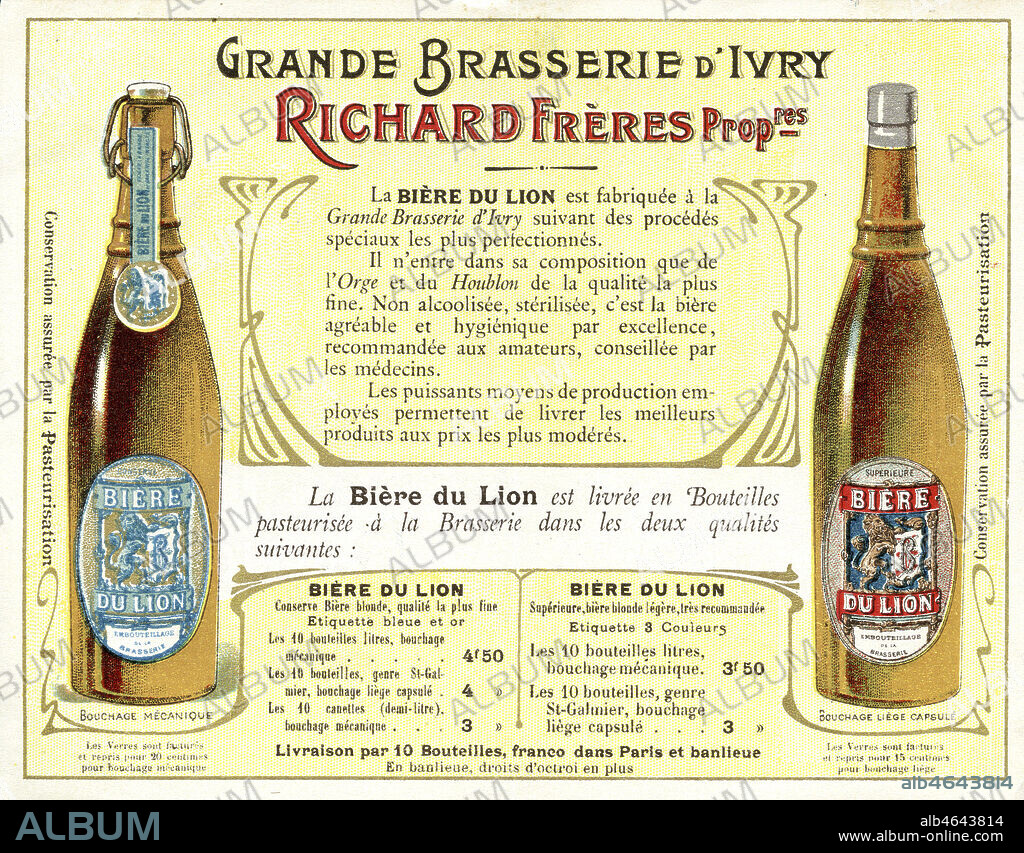 'Grande brasserie d'Ivry Richard Freres - La biere du Lion'. Publicite vers 1910. Credit : IM/KHARBINE-TAPABOR.