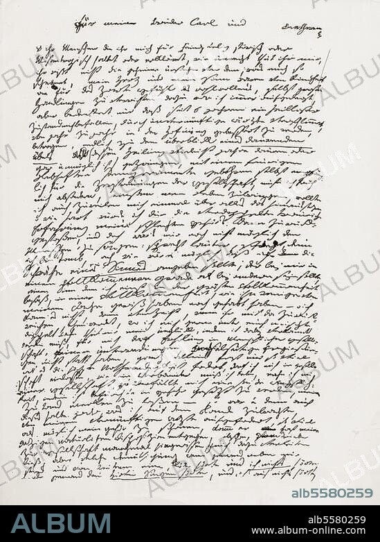 Ludwig van Beethoven, compositeur, 1770-1827. - Le "testament de Heiligenstadt" de Beethoven, Heiligenstadt, 6 octobre 1802: 1ère page "À mes frères Carl et.... Beethoven. Ô vous qui me considérez ou déclarez que je suis malveillant, têtu et misanthrope, quel tort vous me faites! (...) ". Hambourg, Staats- und Universitätsbibliothek.