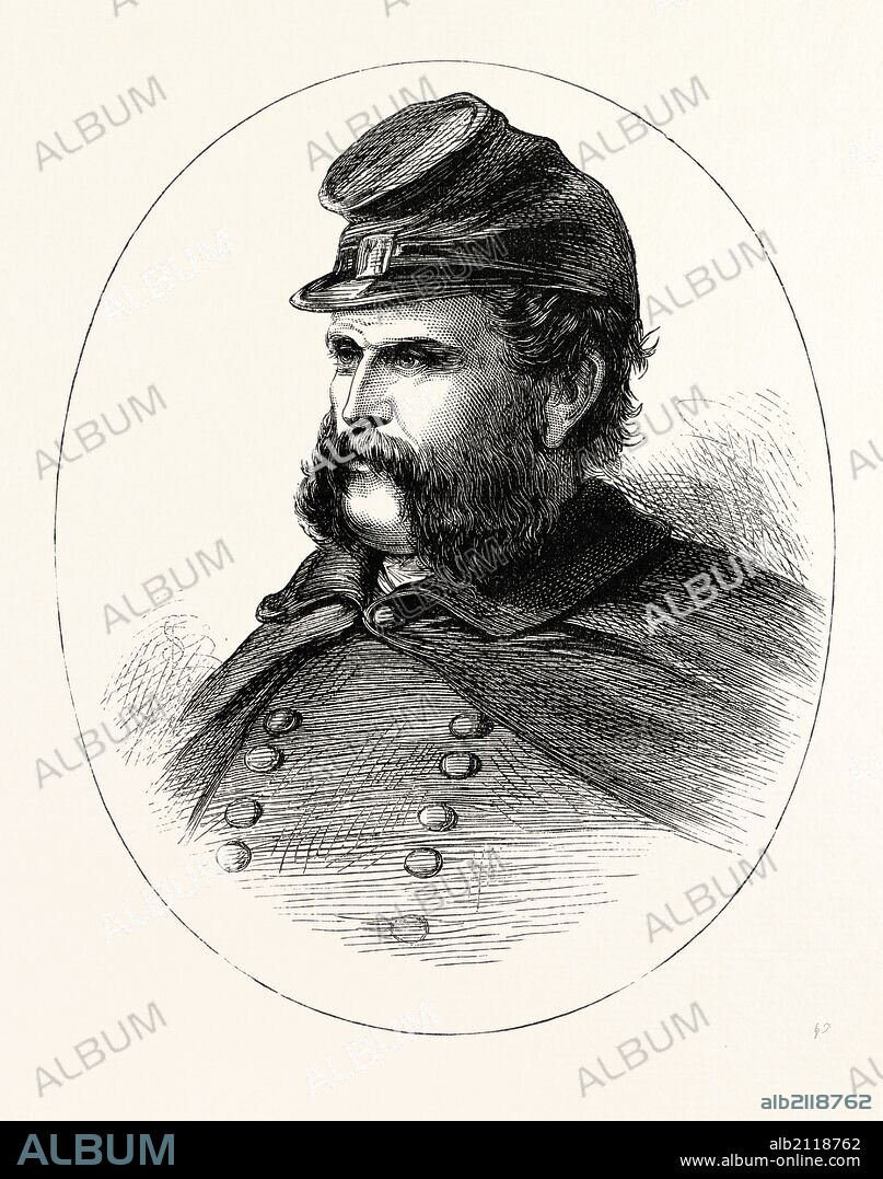 GENERAL BURNSIDE, He was an American soldier, railroad executive, inventor, industrialist, and politician from Rhode Island, serving as governor and a U.S. Senator. As a Union Army general in the American Civil War, he conducted successful campaigns in North Carolina and East Tennessee but was defeated in the disastrous Battle of Fredericksburg and Battle of the Crater, which contributed to his being considered one of the most incompetent generals of the Civil War, US, USA, 1870s engraving.