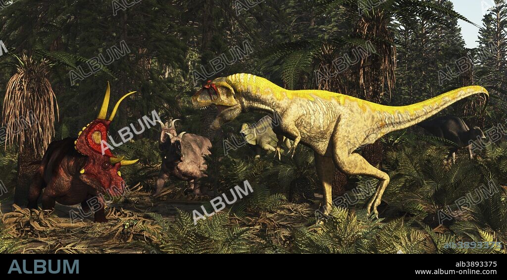 Lythronax dinosaur confronts a Diabloceratops in a Cretaceous forest. The Wahweap Formation is part of the Grand Staircase. This is a vast formation in the Southwest U.S. that spans much of the Cretaceous and is abundant with fossils. Lythronax is the earliest known Tyrannosaurid from about 80 million years ago. It was about 24 feet long, but looked remarkably like Tyrannosaurus Rex. A contemporary ceratopsian was the medium sized Diabloceratops. It had tall horns atop its frill and was about 16-18 feet long. Acristavus was a hadrosaur (duckbill dinosaur) from this time.