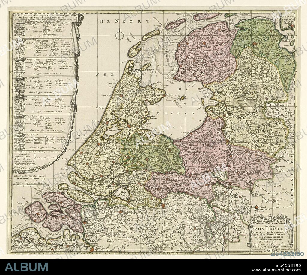 Map of the Republic of the Seven United Netherlands, the Caerte Country of the United Netherlands, with the rest of the subject, divided into syn Provincia / Exactissima Belgium Foederati Tabula cum annexis divisa in Provincias .., Map of the Republic with on the left the arms of the seven provinces with per province a subdivision into regions, numbers of cities, villages, vlecken, lands of the knights, cities, academies and colleges of Admiralty. Flanders has been added to the description, but without a weapon. Bottom right a cartouche with the title in Latin. The seven provinces are colored differently, the other areas are left uncoloured, maps of separate countries or regions, coat of arms (as symbol of the state, etc.) (province, provincial), Netherlands, Republic of the Seven United Netherlands, Caspar Specht (possibly), 1702 and/or 1726 - 1750, paper, engraving, h 510 mm × w 600 mm.