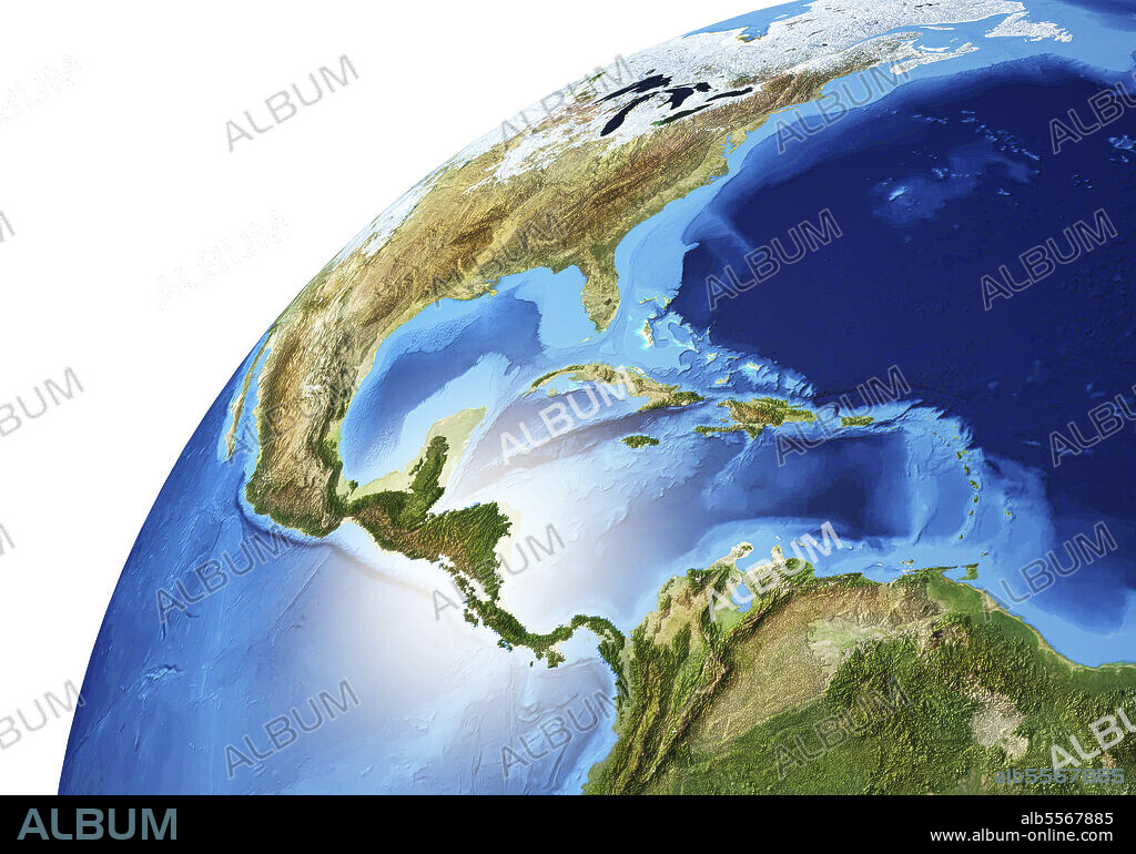 Detailed Earth globe close-up of North America, Central America, and the part of South America.