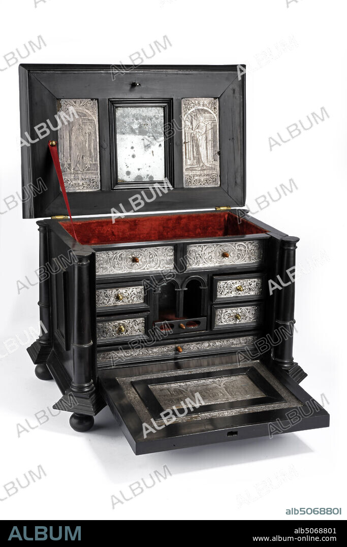 jewelery box, Anonymous, 17th century, ebony, velor, mirror glass, brass, silver, General: 27.5 x 29.5 x 21cm 275 x 295 x 210mm, allegory, Jewelery box or cabinet of curiosities with hinged lid and swinging door. The box is rectangular in shape, standing on a profiled plinth on spherical legs. The walls are made of composite profiled panels with pilasters at the corners. The highly profiled high cushion-shaped lid is attached with brass-cut open hinges. The front is lowerable. The interior consists of five drawers with two arcades in the middle bordered by three Tuscan colonets and an extendable shelf covered with red velvet and a mirror in the back. Two drawers on either side of the arcades and a drawer at the bottom across the entire width of the box. At the top two drawers on the compartment under the lid. The drawers have profiled ebony edges and the panels are decorated with silver engraved panels with arabesques, leaf and flower motifs. Inside cushions with red velor. In the panel on the inside of the door, a depiction of the life of Saint John is depicted in three scenes in arcade arches crowned with putti cups in the fins. Around it a band with arabesques. On the inside of the lid are three panels with a mirror and lings in the middle and an arcade on the right surrounded by rabesks, squirrels and fruit motifs and crowned with putti cups. In the arcade on the left Peace with a dove on the crescent moon and the arcade on the right Suffering with a chalice and a cross. Both depicted with a colonade in the background. The key is missing, 1939.