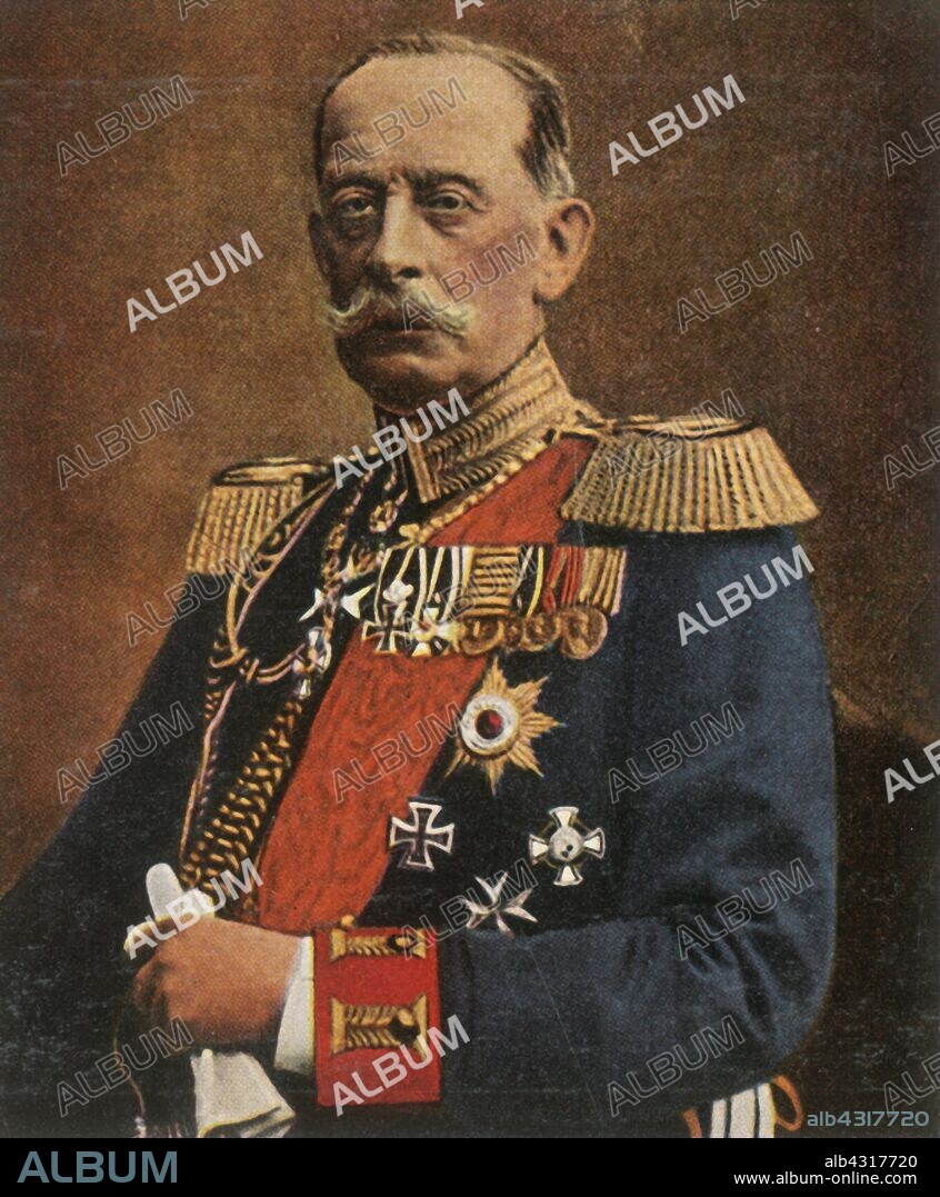 Field marshal Count Schlieffen, 1906, (1936). 'Feldmarschall Graf Schlieffen'. Portrait of German soldier and strategist Alfred Graf von Schlieffen (1833-1913), who served as Chief of the Imperial German General Staff from 1891 to 1906. From "Bilder Deutscher Geschichte", (Pictures of German History), No.12, cigarette card album. [Cigaretten-Bilderdienst, Altona-Bahrenfeld, Hamburg, Germany, 1936].
