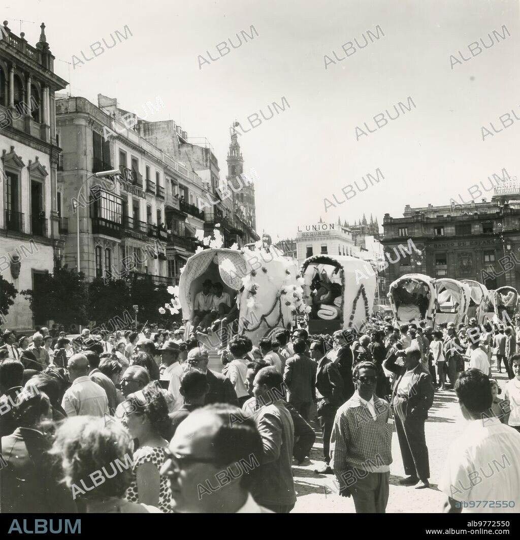 Roció   la hermandad del rocío de Sevilla, de la parroquia del Salvador, Fue Erigida canónicamente el 17 de febrero de 1934 por decreto del cardenal Eustaquio Ilundáin y Esteban. Entre los Promotores se Hallaban José Anastasio Martín, Emilio pardo Bernal, José M. delgado y segundo de Montes Huibroso. La hermandad Fue Erigida Canónicamente, pero el decreto Contenía una cláusula muy Especial: no Podía peregrinar A la ermita de la aldea de Almonte por Pentecostés. En 1950, un grupo de Hermanos, Apoyados con entusiasmo por el cura párroco Andrés Guillén Morales y con la colaboración Estrechísima del abogado José María Domenech Romero, quien fuera hasta su fallecimiento hermano mayor Honorario, Realizaron las Gestiones, no sin Dificultades, para conseguir la autorización Eclesiástica y así peregrinar al Rocío. La Autorización, Siendo cardenal de Sevilla Pedro Segura y Sáenz, Llegó por fin el 30 de abril de 1951. Era hermano mayor Miguel Lasso de la Vega y Marañón. En la Imagen, hilera de Carretas A su paso por la plaza de san Francisco, por entonces llamada de la falange Española, en la mañana del 26 de mayo de 1966. Era hermano mayor Juan Manuel Moreno Lupiáñez. (foto Serrano).