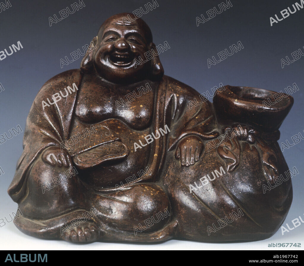 Statuette depicting Okimono Hotei, god of happiness, one of the seven gods of good fortune, produced in Bizen late 18th-early19th century, ceramic stoneware, height 15 cm. Japanese civilization, Edo period (1603-1868).