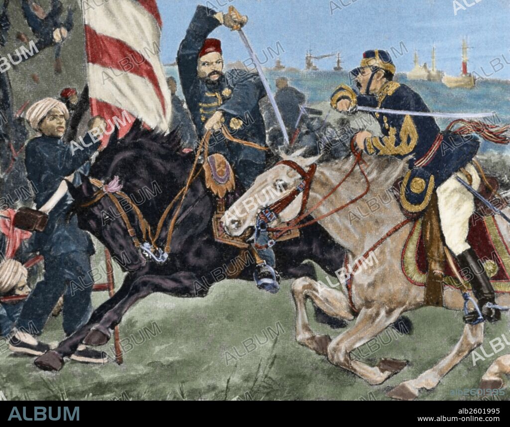 First Sino-Japanese War (1894-1895). Battle of Ping-Yang (September 15, 1894). The Japanese take a Chinese position. Engraving. Colored.