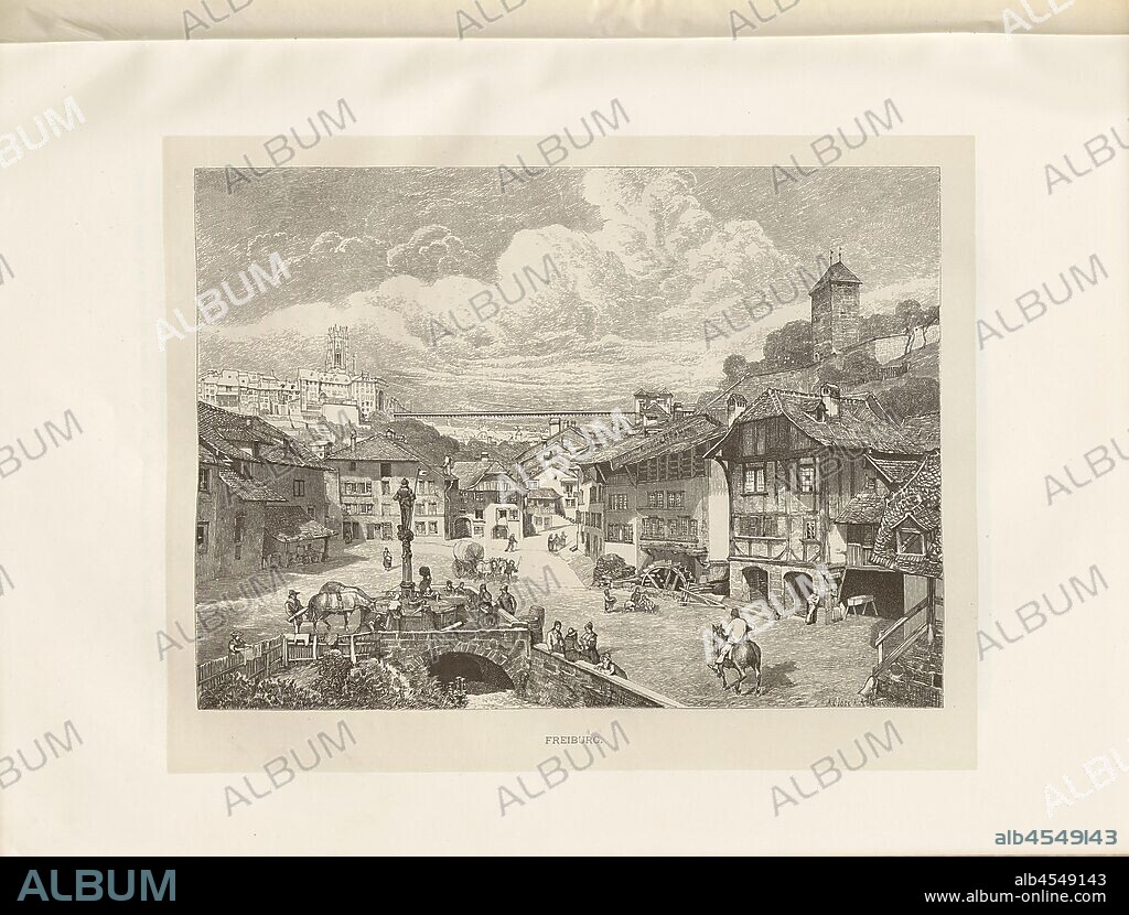 Freiburg, Illustration of the Lower Town of Freiburg from the 19th century, signed: A. Closs X. J, Abermann, Fig. 250, p. 288, Closs, Adolf; Dill, Ludwig; Abermann, Woldemar Kaden: Das Schweizerland: eine Sommerfahrt durch Gebirg und Thal. Stuttgart: Engelhorn, 1875.