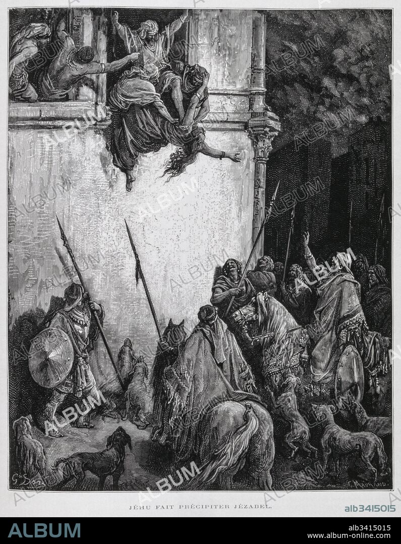 Jehu orders Queen Jezebel to be thrown from the palace windows, Illustration from the Dore Bible 1866. In 1866, the French artist and illustrator Gustave Dore (1832–1883), published a series of 241 wood engravings for a new deluxe edition of the 1843 French translation of the Vulgate Bible, popularly known as the Bible de Tours. This new edition was known as La Grande Bible de Tours and its illustrations were immensely successful. Jehu king of the northern Kingdom of Israel (Samaria), noted for exterminating the house of Ahab, reigned 842–815 BCE.