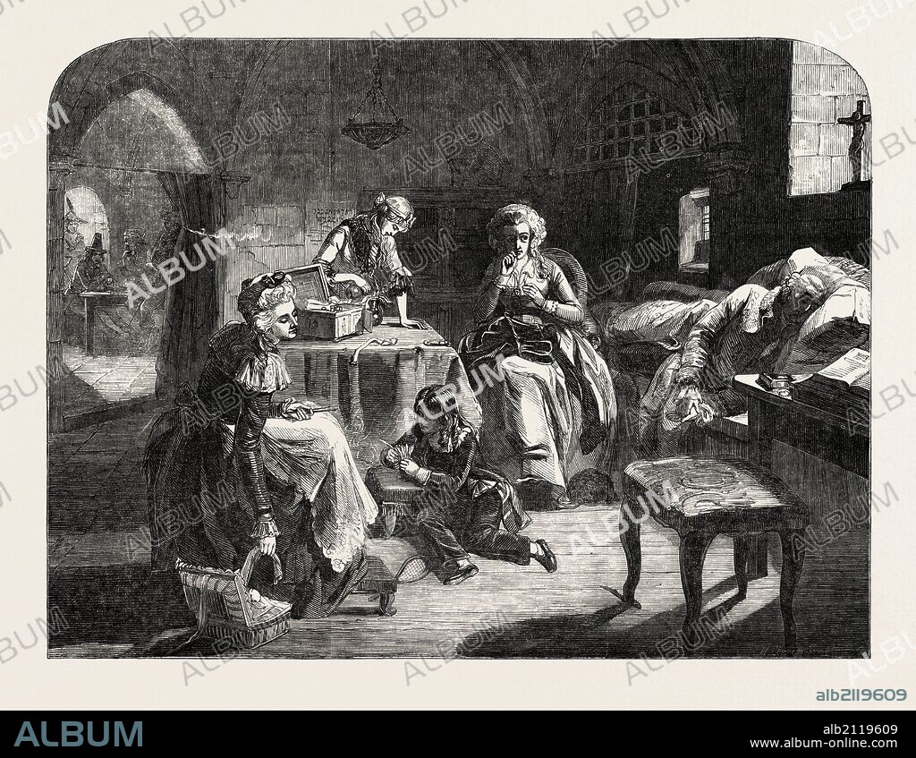EXHIBITION OF THE ROYAL ACADEMY, THE ROYAL FAMILY OF FRANCE IN THE PRISON OF THE TEMPLE, LOUIS XVI., QUEEN MARIE ANTOINETTE, THE DAUPHIN AND THE DAUPHINEHSS, AND MADAME ELIZABETH PAINTED BY E.M. WARD, 1851 engraving.