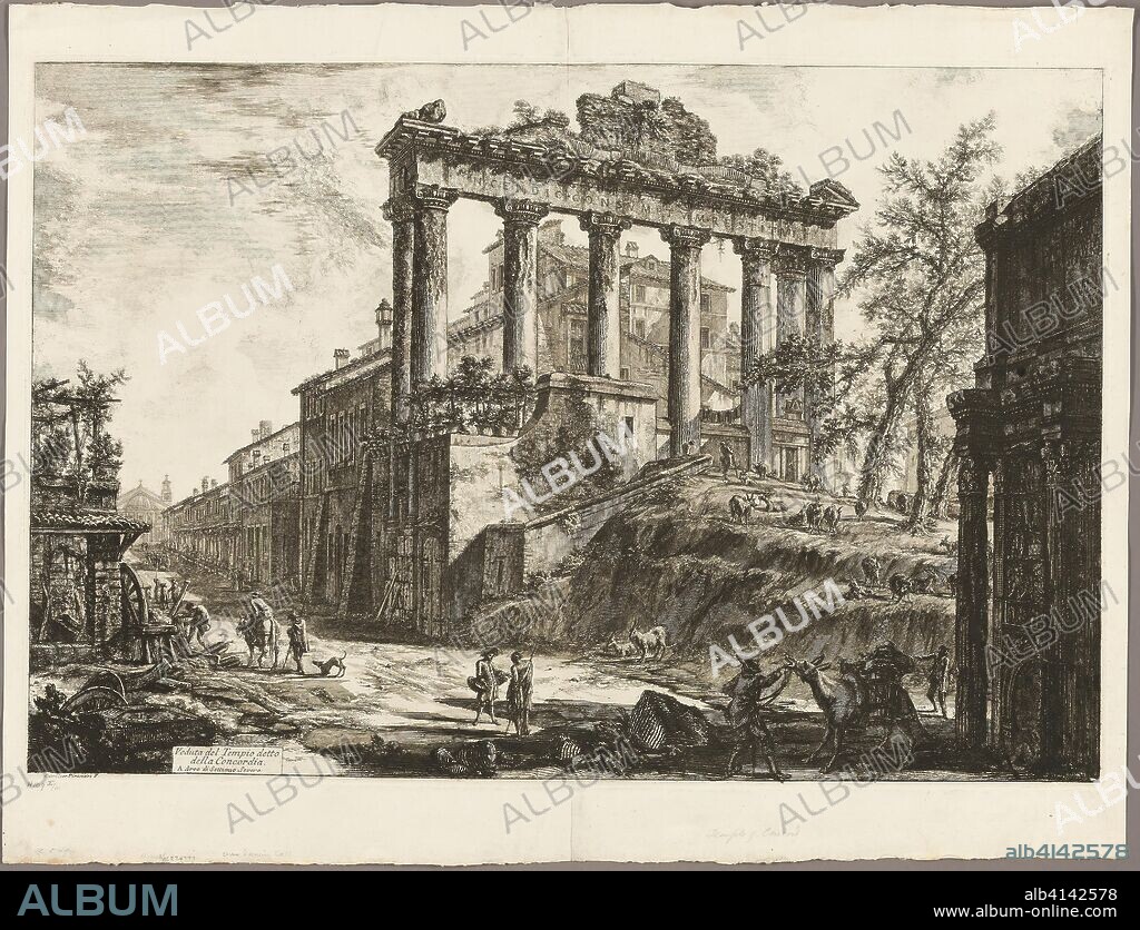 View of the So-Called Temple of Concord, from Views of Rome. Giovanni Battista Piranesi (Italian, 1720-1778); published by Francesco (Italian, 1758-1810) and Pietro Piranesi (Italian, born 1758/9). Date: 1774. Dimensions: 462 x 692 mm (image); 470 x 700 mm (plate); 555 x 726 mm (sheet). Etching on heavy ivory laid paper. Origin: Italy.