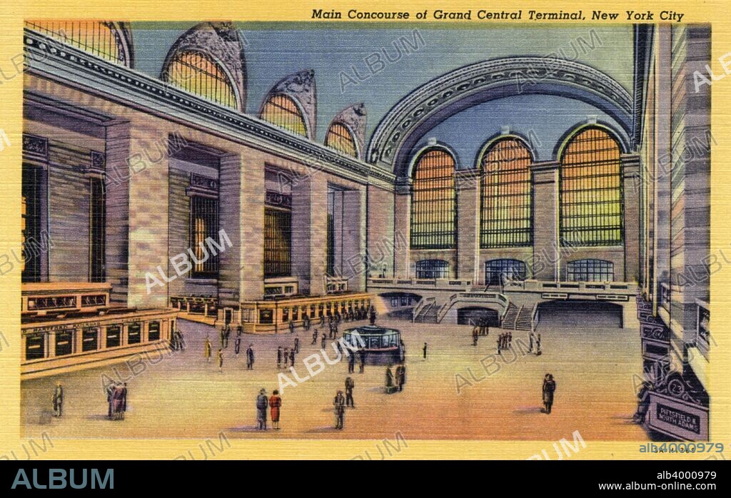 Main Concourse of Grand Central Terminal, New York, 1933. Vintage linen postcard showing the interior of the station with its huge arched windows and stone columns. The largest railway station in the world by number of platforms, Grand Central Terminal was built between 1903 and 1913. It was designed by architectural firms Reed and Stem and Warren and Wetmore.