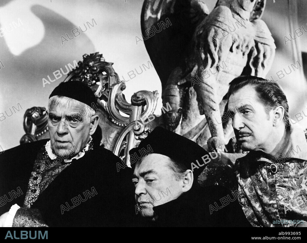 BORIS KARLOFF, PETER LORRE y VINCENT PRICE en EL CUERVO, 1963 (THE RAVEN), dirigida por ROGER CORMAN. Copyright A.I.P.