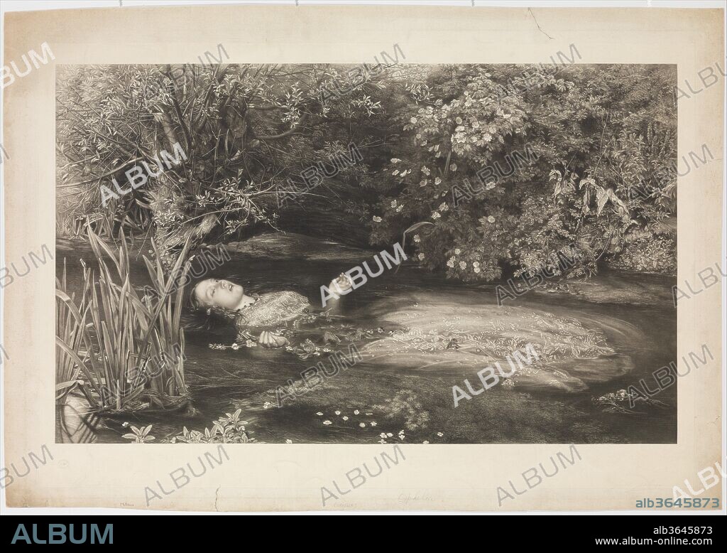 Ophelia (Shakespeare, Hamlet, Act 4, Scene 7). Artist: After Sir John Everett Millais (British, Southampton 1829-1896 London). Dimensions: Image: 20 11/16 in. × 34 in. (52.5 × 86.3 cm)
Plate: 25 7/16 × 37 1/16 in. (64.6 × 94.2 cm)
Sheet: 27 3/8 x 39 3/16 in. (69.5 x 99.5 cm)
Chine collé: 24 5/16 × 35 13/16 in. (61.7 × 90.9 cm). Engraver: James Stephenson (British, Manchester 1808-1886 London). Publisher: Henry Graves & Company (London). Subject: William Shakespeare (British, Stratford-upon-Avon 1564-1616 Stratford-upon-Avon). Date: March 1, 1866.
Here, Hamlet's rejected lover, her mind unhinged, has fallen into a brook while picking wildflowers. Inspired by an evocative description of Ophelia's death in Shakespeare's Hamlet (act 4, scene 7), Millais painted the subject for a London Royal Academy exhibition in 1852; this masterful print reproduces that composition. As a member of the Pre-Raphaelite Brotherhood, Millais challenged artistic convention and spent months outdoors painting the lush setting, and then posed a model in a bathtub in his studio to complete the composition. The painting's hyperrealistic detail and collapsed space initially unsettled viewers, but this later print encouraged admiration for the groundbreaking conception. Stephenson combined mezzotint, etching, and stipple to evoke the rich silverwork adorning Ophelia's gown and describe the range of plants and flowers embellishing her watery grave.