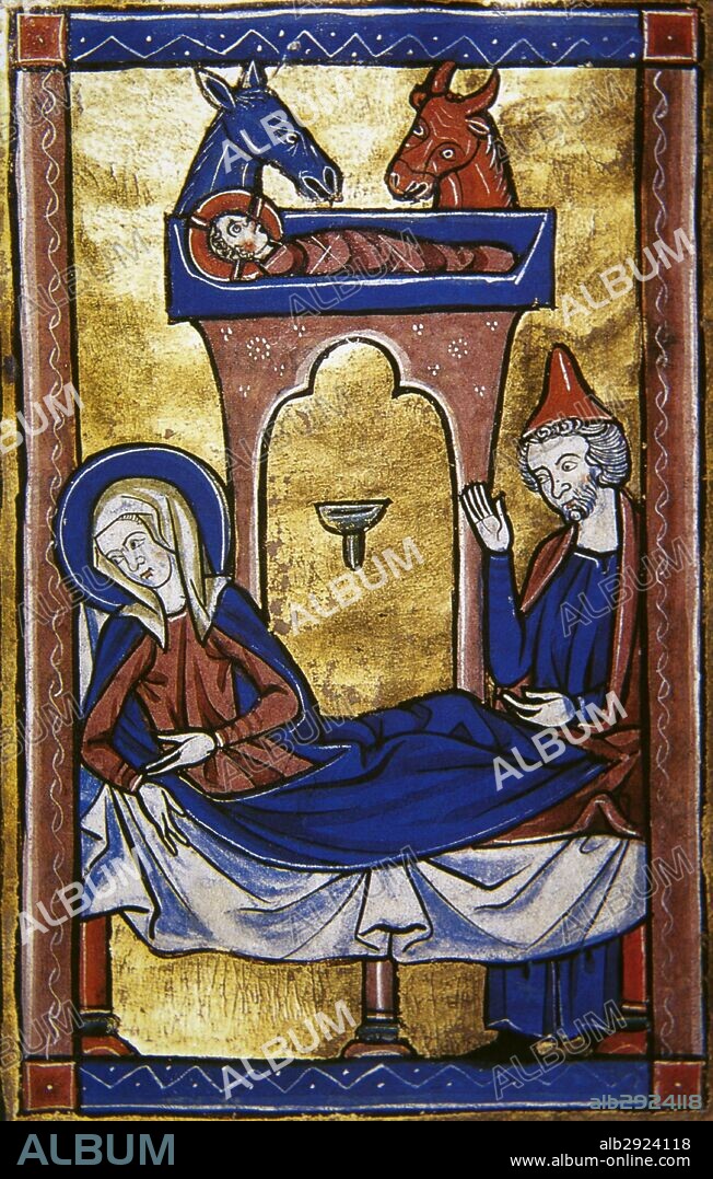 Nativity of Jesus. Holy Family (Infant Jesus, his mother, Mary, and her husband, Joseph who cares for his wife). Donkey and an ox are typically depicted in the scene.  Bethlehem. Miniature, 13th century. Conde Museum. Chateau of Chantilly. France.