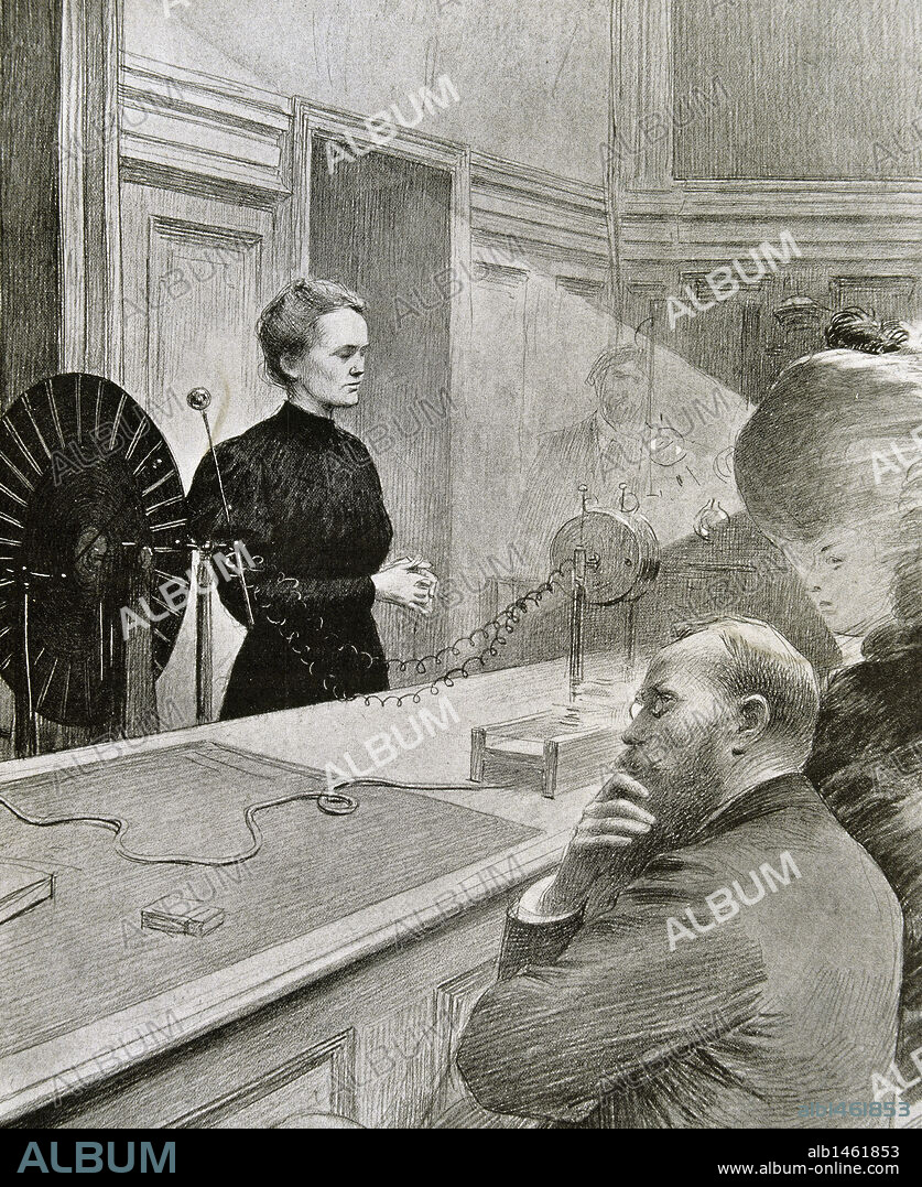 Marie Curie (1867-1934). French physicist. Along with her husband, Pierre Curie discovered radium in 1898 and received the Nobel Prize for Physics in 1903 and for Chemistry in 1911. It was the first woman to occupy a position in higher education (1906). Marie Curie opens a course on radioactivity in his chair at the Sorbonne. Engraving at 'L'Illustration' (1906).