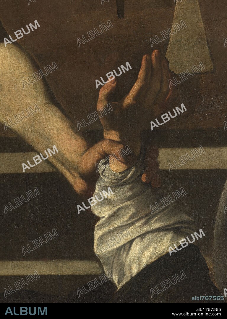 The Martyrdom of St. Matthew, by Michelangelo Merisi known as Caravaggio, 1599-1600, 16th Century, oil on canvas, cm 323 x 343. Italy, Lazio, Rome, San Luigi dei Francesi Church. Detail. Hand torturer executioner grip grasp hold wrist victim St Matthew., photographic campaign 2009.