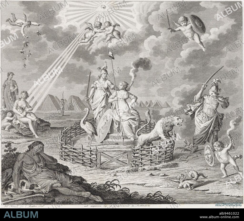 Allegory of Vigilance, 1795. Freedom sitting in the Dutch Garden, protected by the personification of the French military power. Also a crane and the Dutch lion roaring at masked enemies. Outside the fence a naked mother with children (Love) and a sleeping shepherd. In the background a tented camp of the vigilante, Allegory of vigilance, 1795 Four allegories of the revolution in 1795 (series title)., print maker: Hendrik Roosing, (mentioned on object), August Christian Hauck, (mentioned on object), intermediary draughtsman: Cornelis Bakker, (mentioned on object), print maker: Netherlands, publisher: Rotterdam, 1795, paper, etching, engraving, h 338 mm × w 388 mm.