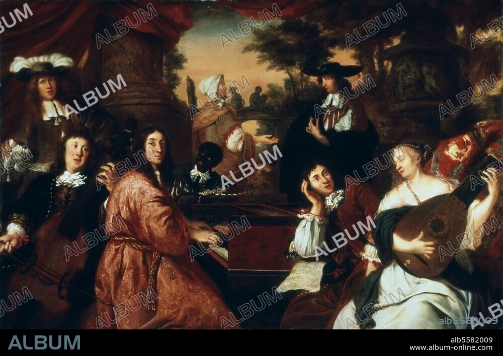 Buxtehude, Dietrich; Organist a. composer; c. 1637 - 1707. Allegory of the friendship between Buxtehude (w. sheet of music) and Hamburg colleagues from St. Katharinen, Johann Adam Reincken (on cembalo) and Johann Theile. Painting, 1674, by Johannes Voorhout. (1647-1723). Oil / Canvas, 125 × 190cm. Hamburg, Museum vor Hamburg History.