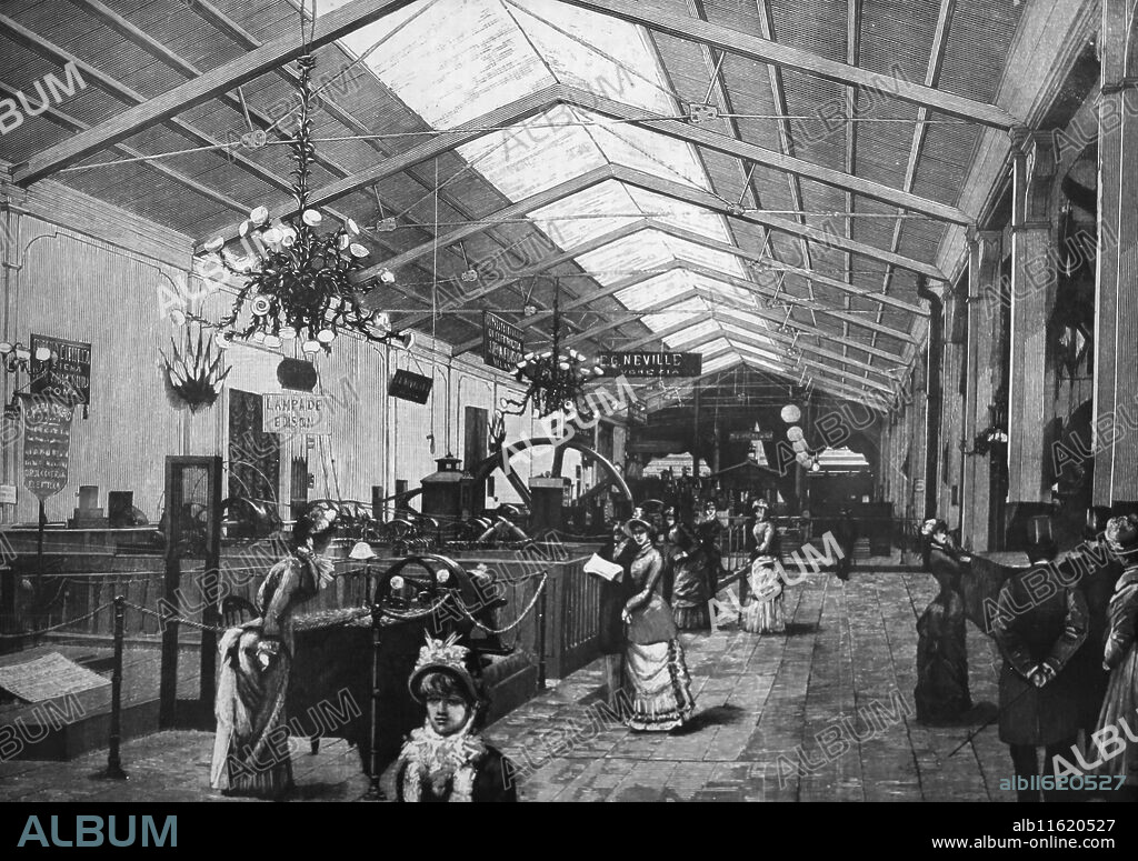 Kingdom of Italy. Expositions, technology, innovation. Electricity gallery at the exposition of Turin, 1884. Italy. Of a photographic reproduction.