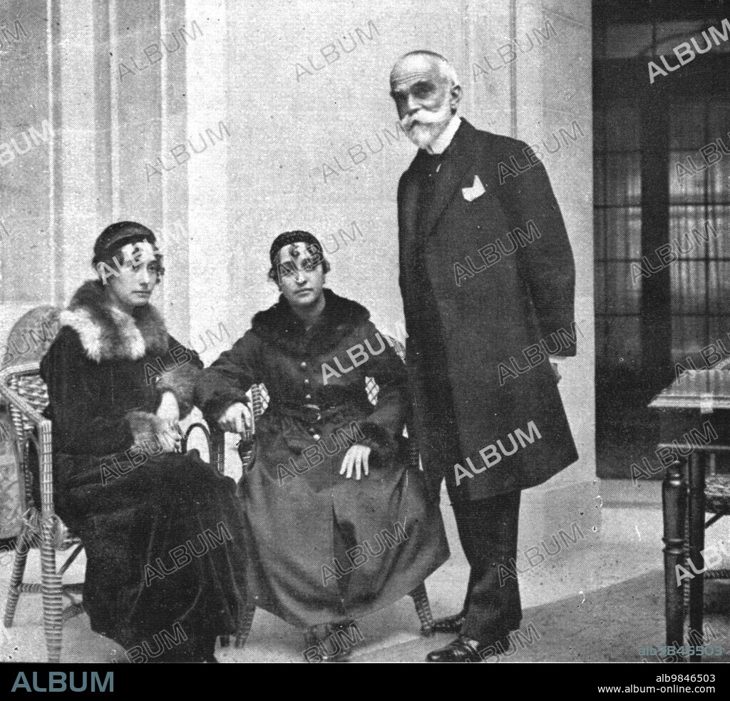 'Coup d'etat in Portugal; Awaiting exile: Doctor Bernardino Machado, overthrown President of the Portuguese Republic, on his way to Madrid; with him, his daughters', 1917. From "L'Album de la Guerre 1914-1919, Volume 2" [L'Illustration, Paris, 1924].