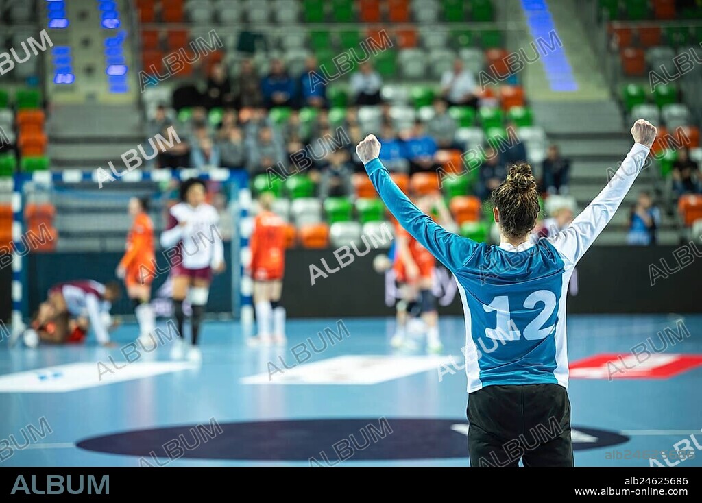 Handball woman goalkeeper's victory gesture and handball match in the background