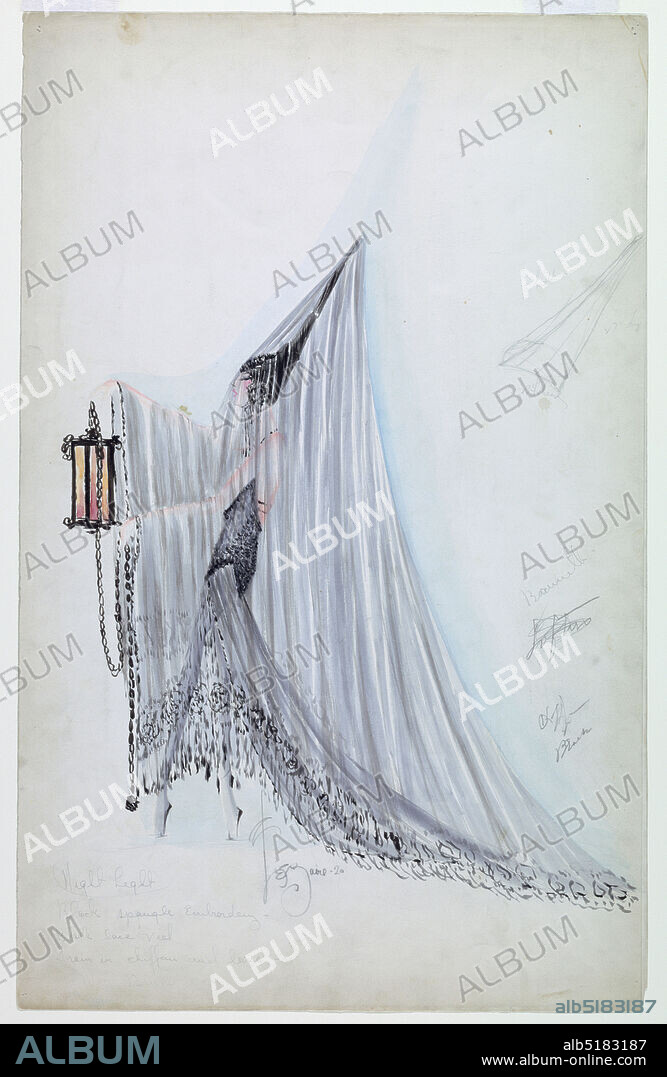 Costume Design: Night Light, for Ziegfeld Follies of 1920, Charles LeMaire, American, 18971985, Brush and watercolor, graphite on heavy paper, Vertical format. Figure of a woman standing in left profile wearing a tall peaked cone-shaped black hat covered with a veil which covers her entirely and forms a train. She holds a lantern with a long chain. Further headpiece details in pencil at right., USA, 1920, theater, Drawing, Drawing.