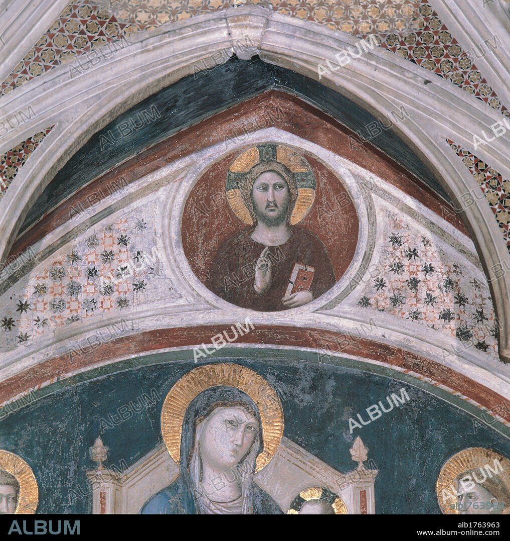 Madonna Enthroned Between St Matthew and St Francis with the Donor Matthew of Aquasparta, by Pietro de Cerroni known as Pietro Cavallini, 1302 about, 14th Century, fresco,. Italy, Lazio, Rome, Santa Maria in Aracoeli Basilica. Frescoed lunette. Detail. Tondo blessing Christ Madonna pointed arch.