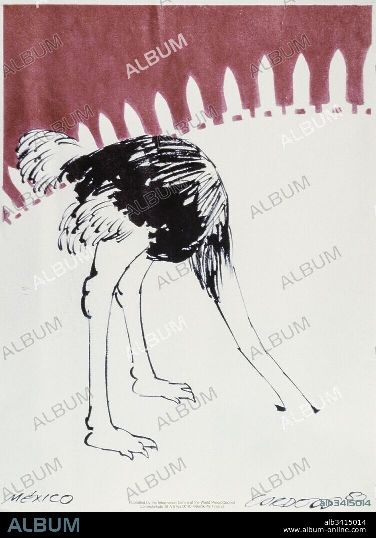 American anti-war poster, depicting an ostrich with its' head in the sand during the cold war era 1984.