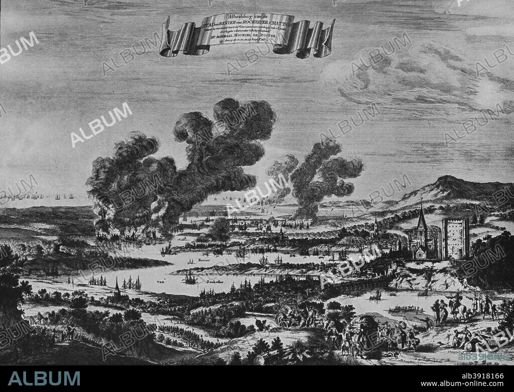 'Holland's Raid on the Thames', c1668. The Raid on the Medway was a successful Dutch attack on the largest English naval ships, which were laid up in the dockyards of Chatham in June 1667 during the Second Anglo-Dutch War. The Dutch, commanded by Admiral Michiel de Ruyter, also bombarded and captured Sheerness and sailed up the Thames as far as Gravesend. From Old Naval Prints, by Charles N. Robinson & Geoffrey Holme. [The Studio Limited, London, 1924].