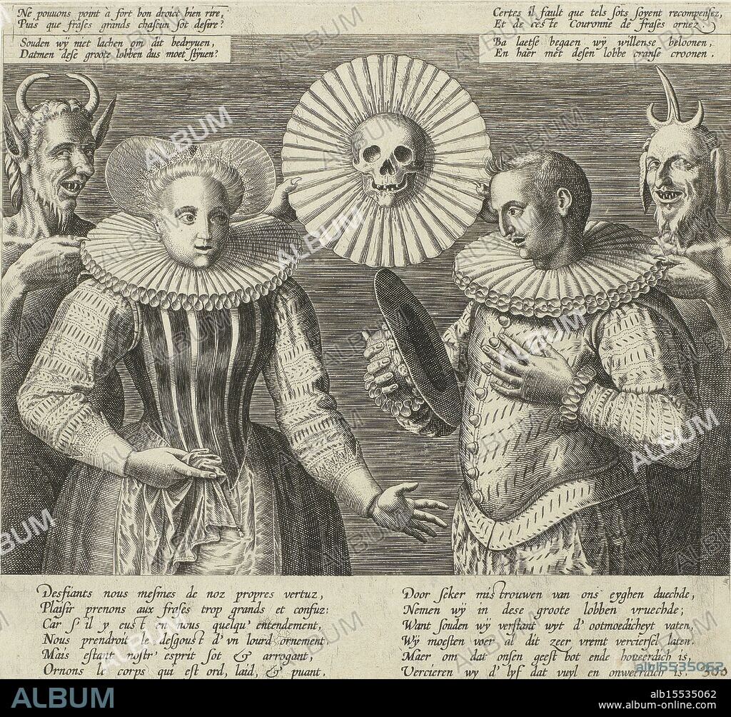 Netherlands, Cartoon on the stiff pleated collar, ca. 1600, left and top right - engraved, Cartoon on the millstone collar, ca. 1600. A man and a woman, standing opposite each other, both with wide pleated collars around their necks. Behind each of them a devil pointing at them laughingly. The devils hold up a large millstone collar with a skull in the middle. With text in which the wearers of the 'large lobes' are laughed at. Above 2 times 2 lines and below 2 times 6 lines in French and Dutch., print, picture, costume print, cartoon, prints, pictures, Frederik Muller History plates, Ne puvons point a fort droict bien rire....Et de ces te couronne de fraises ornez, Should we not laugh at those deeds, That these large lobes thus have to be stiffened?, Let us commit them, we will reward them, And crown them with this lobe crown., height 223 mm, width 242 mm, print maker, printmaker, 1600 - 1624, first quarter 17th century, paper, engraving, engraving (printing process).