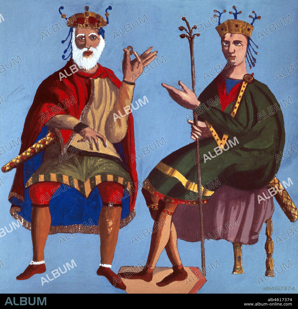 Otón II (955-983), el rojo, rey de Alemania e Italia, recibe el anillo de su padre Otón I (912-973), emperador del Sacro Imperio Romano Germánico.
