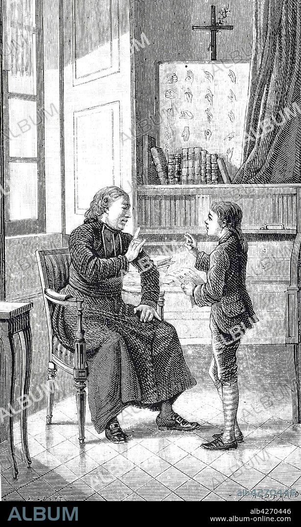 An engraving depicting Charles-Michel de l'Epee teaching a deaf child sign language. Charles-Michel de l'Epee (1712-1789) a philanthropic educator. Dated 19th century.