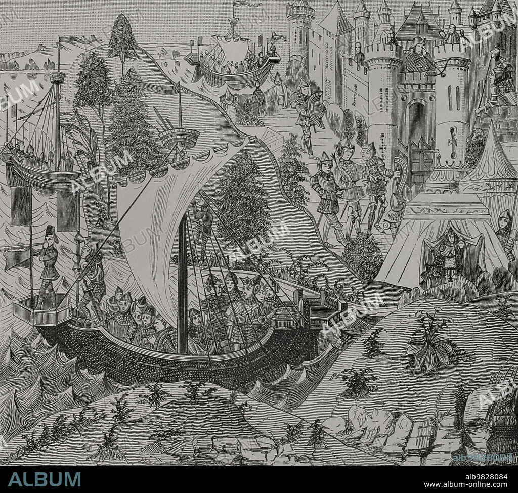 Richard I (1157-1199). King of England. After conquering the castle of Châlus-Chabrol in the Limousin region of France, on 25 March 1199 he was hit by an arrow that wounded him in the left shoulder while he was checking the perimeter of the castle without wearing chain mail. He died of his wound on 6 April. Châlus is depicted in the centre of the Limousin plateau; the artist took the liberty of including a seaport there. Engraving from "Chroniques de Normandie", 14th century. "Vie Militaire et Religieuse au Moyen Age et à l'Epoque de la Renaissance". Paris, 1877.