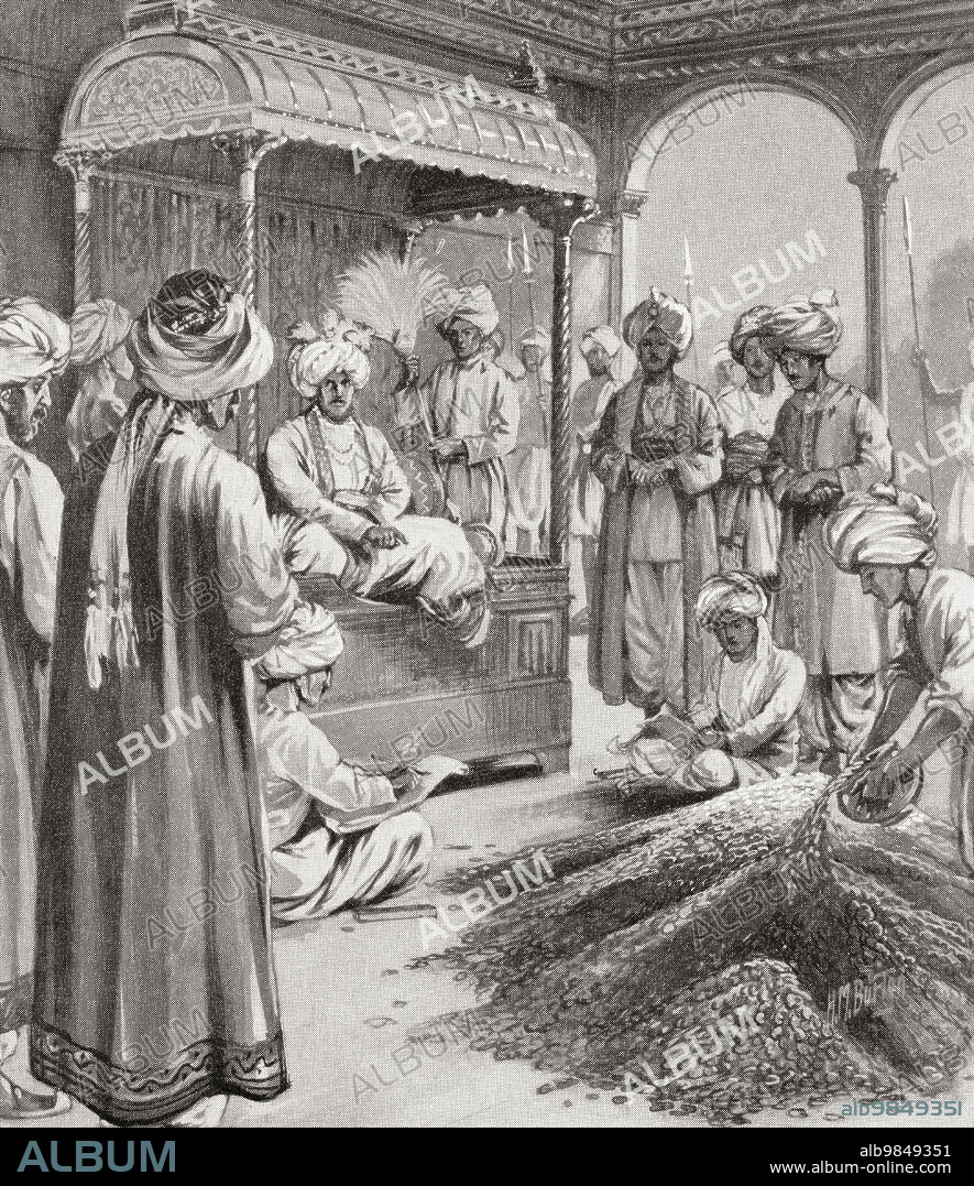 Muhammad bin Tughluq, aka Prince Fakhr Malik, Jauna Khan, Ulugh Khan; died 20 March 1351. Sultan of Delhi of Turkic descent. Muhammad bin Tughluq issuing token currency; that is coins of brass and copper were minted whose value was equal to that of gold and silver coins, 1330 AD. From Hutchinson's History of the Nations, published 1915.