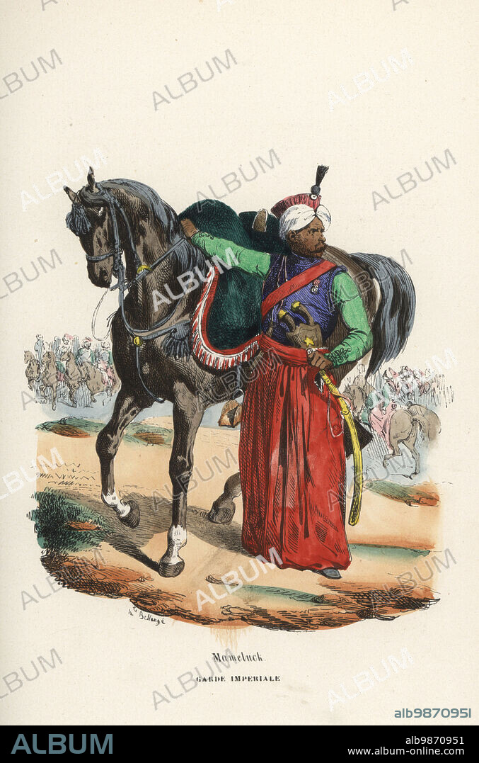 Uniform of the Mamelukes of the Imperial Guard, 1799-1815. Cavalry unit in Napoleon's army made up of Mameluk slaves and othes. In red cahouk and turban, shirt and vest, with red saroual trousers, armed with pistols and scimitar sword. Mameluck, Garde Imperiale. Handcoloured woodcut after an illustration by Hippolyte Bellangé from P.M. Laurent de lArdeches Histoire de Napoleon, Paris, 1840.