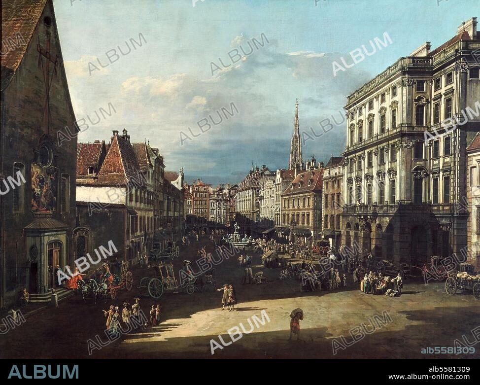 Wien, Mehlmarkt. "Der Mehlmarkt in Wien". Gemälde, um 1758/61, von Bernardo Bellotto, genannt Canaletto (1721-1780). Öl auf Leinwand, 116 × 155 cm. Wien, Kunsthistorisches Museum.