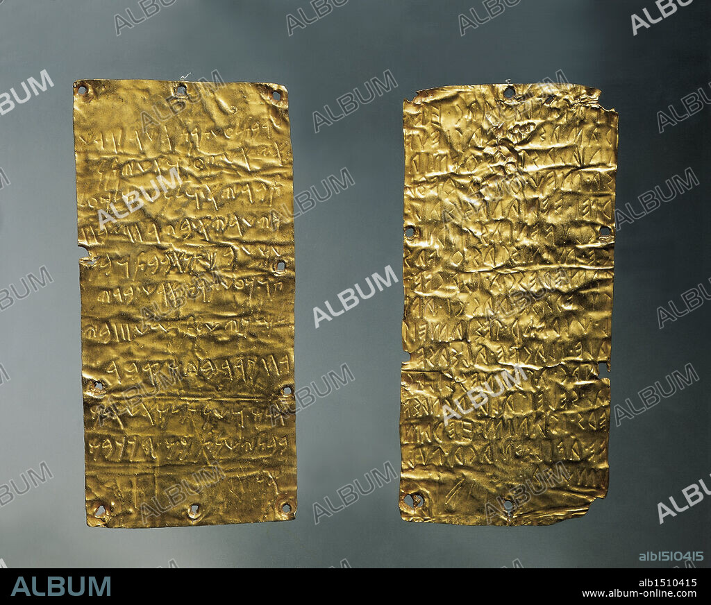 Etruscan civilization, 7th century b.C. Goldsmithery. Gold foils with Phoenician (left) and Etruscan (right) inscriptions. From Pyrgi, Italy.