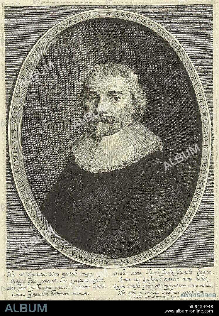 Portrait of Arnoldus Vinnius at the age of 49, professor at the Faculty of Law in Leiden. Bust in oval frame with motto Virtutis laus omnis in actione consistit. Below in margin a Latin verse by Marcus Zuerius Boxhorn, Portrait of Arnoldus Vinnius at age 49 Arnoldvs Vinnivs I.C. (...) aetatis svae XLIX (title on object), print maker: Cornelis van Dalen (I), after: Pieter Dubordieu, publisher: Cornelis Danckerts (I), (mentioned on object), Amsterdam, 1641, paper, engraving, h 318 mm - w 228 mm.