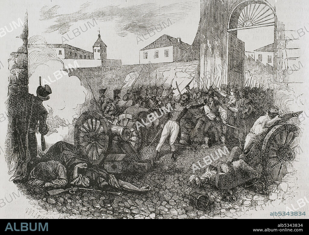 BERNARDO RICO (1825-1894). SPANISH PAINTER AND ENGRAVER. y MIRANDA. SPANISH ARTIST. España. Madrid. Defensa del Parque de artillería de Monteleón durante el Levantamiento del 2 de mayo de 1808. Ilustración por Miranda. Grabado por Rico. Historia General de España por el Padre Mariana. Madrid, 1853.
