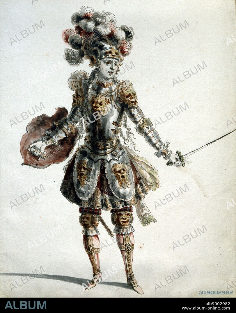 Costume design by Jean Berain (1640-1711). Costume of a Hero, from the opera 'Amadis' by Lully. Pen ink and watercolour. Amadis or Amadis de Gaule (Amadis of Gaul) is a tragedie en musique in a prologue and five acts by Jean-Baptiste Lully to a libretto by Philippe Quinault based on Nicolas Herberay des Essarts' adaptation of Garci Rodriguez de Montalvo's Amadis de Gaula. It was premiered by the Paris Opera at the Theatre du Palais-Royal sometime from January 15 to 18, 1684.
