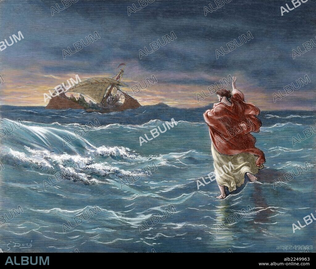 PAUL GUSTAVE DORÉ (basado en). NUEVO TESTAMENTO. JESUS "JESUS CAMINA SOBRE LAS AGUAS". Mar de Galilea. Dibujo de Gustabo Doré. Grabado de H. Pisan. Siglo XIX. Evangelio de San Mateo, Capítulo XIV. Versículos 24 al 33. Coloreado.