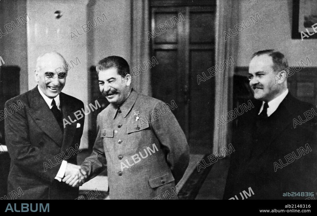 Mission to moscow', us ambassador joseph davies shaking hands with joseph stalin during his second mission to moscow; in may of 1943 he was ordered by roosevelt to show the film to stalin, this marks one of the first instances of the use of film as a means of diplomatic soft power, vyacheslav molotov is on the right.